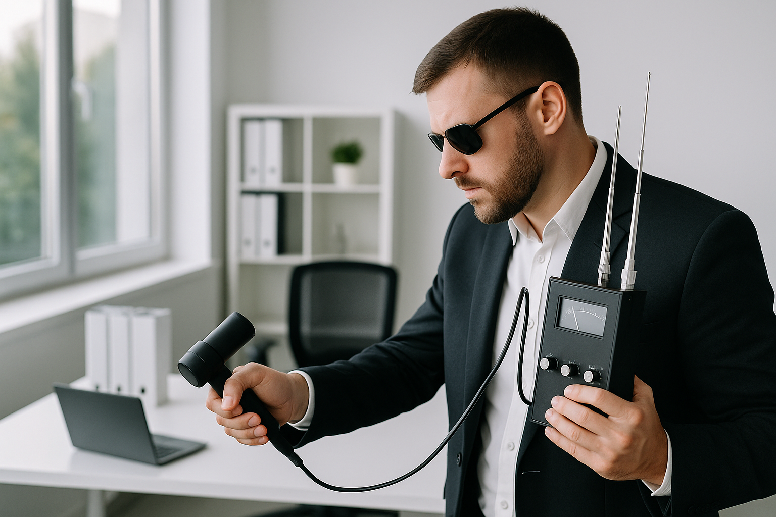Investigatore privato effettua una bonifica ambientale con rilevatore di microspie in un ufficio moderno.