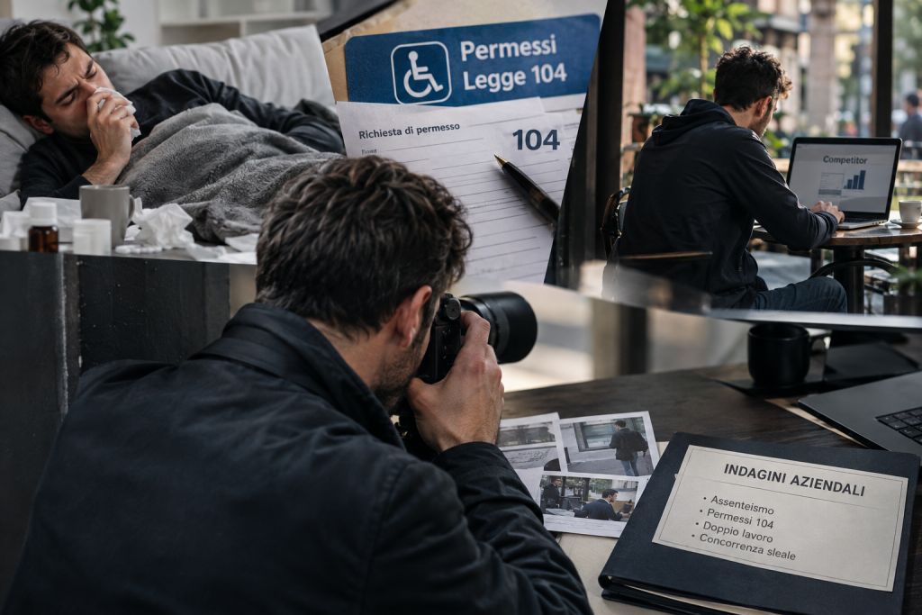 Investigatore privato documenta un'indagine aziendale su assenteismo, permessi Legge 104, doppio lavoro e concorrenza sleale.